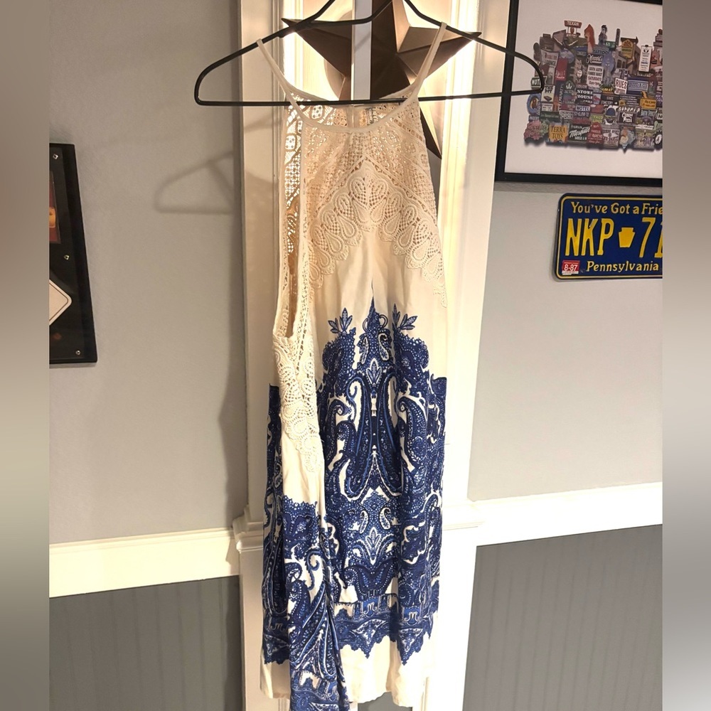 Free People Intimately Shea Printed Halter Mini Dress in White & Blue - Size M - Picture 2 of 5